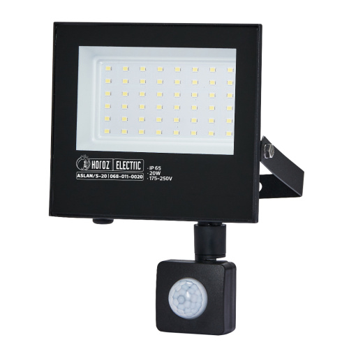 Prožektors, LED, Horoz, ASLAN-20, 20W, 2200lm, 6400K, IP65, melns, ar PIR sensoru